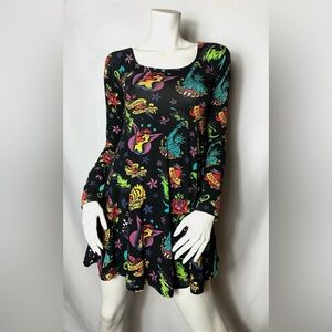 Betsey Johnson Vintage Colorful Tattoo Print Long Sleeve Dress
